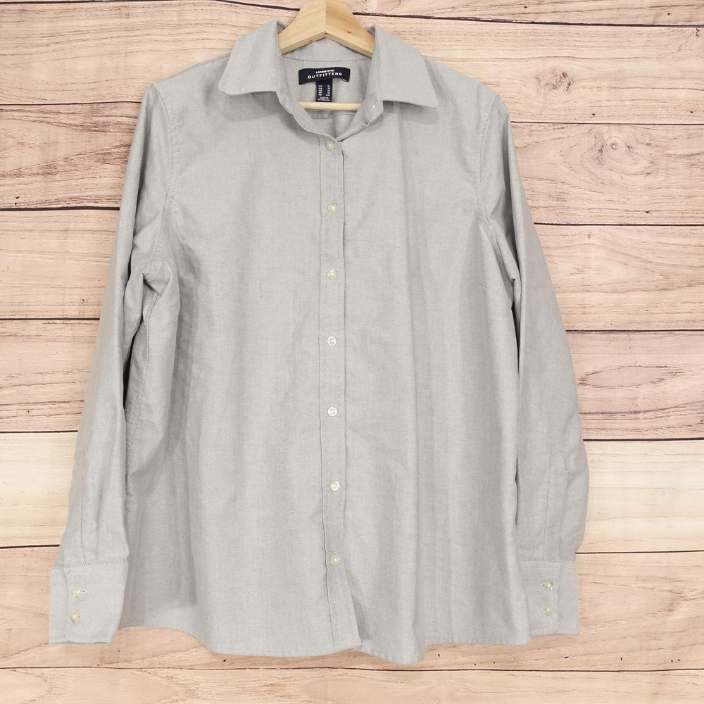 Lands' End Button-Up Womens XL Gray Collared Long Sleeve Woven Basic Shirt Top